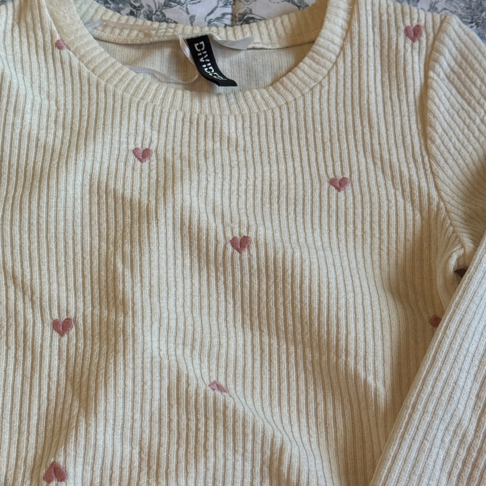Divided Ribbed Cream Sweater with Pink Heart Accents